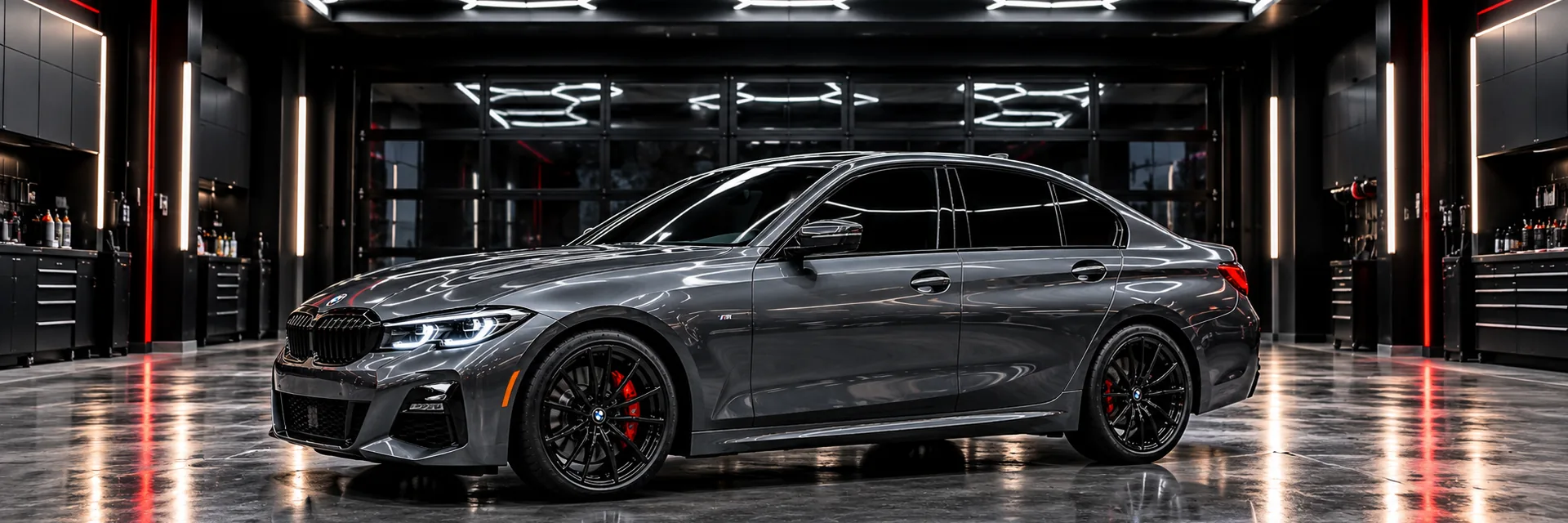 Grey sedan with dark ceramic window tint in a detailing bay, NanoQrtz Niagara Falls