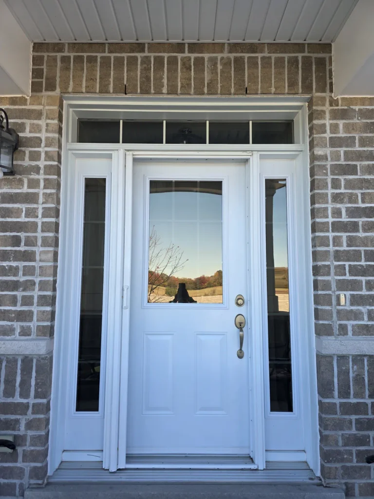 Privacy window film on front door sidelights and glass, home in Brantford, ON by NanoQrtz