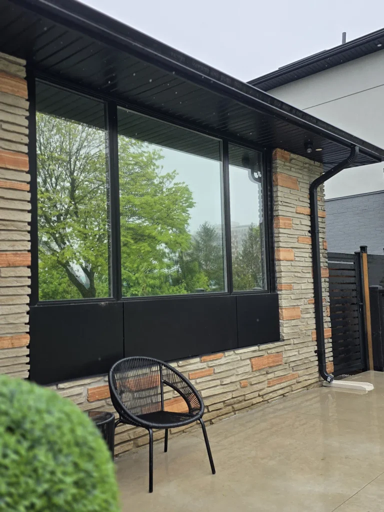 Reflective privacy window film on large patio windows, home in Mississauga, ON by NanoQrtz