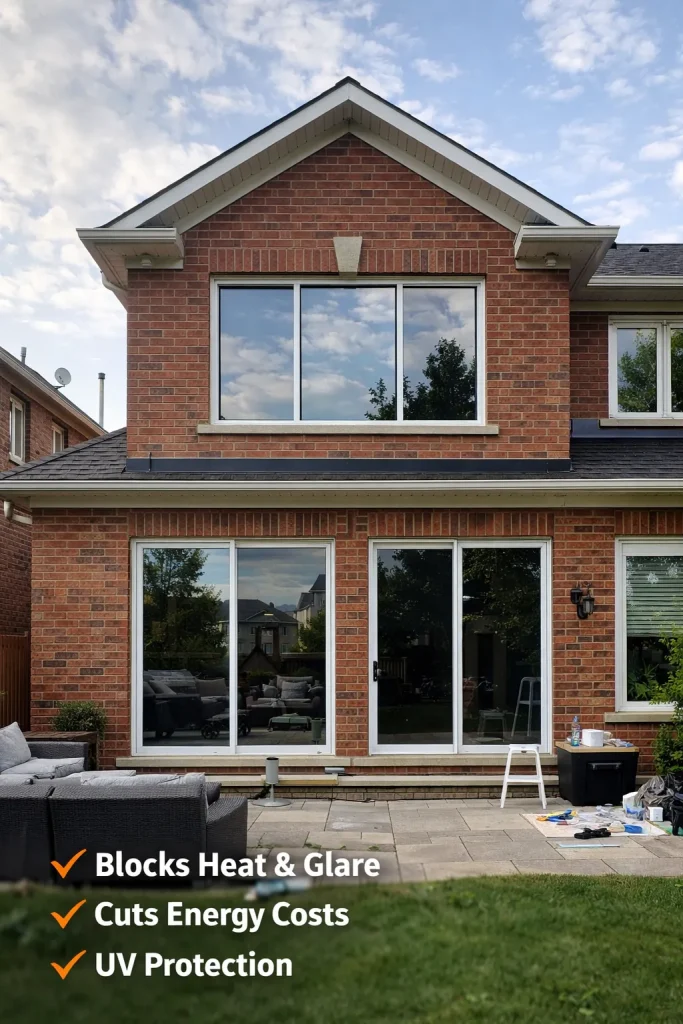 Solar energy window film on patio doors and upper windows of a brick home in Welland, ON by NanoQrtz